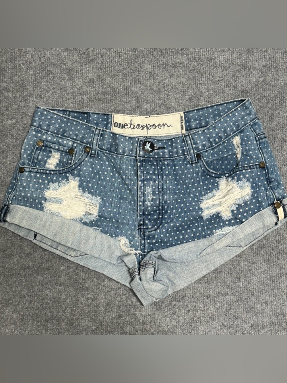 One Teaspoon Bandit Shorts 26 Blue Polka Dot Distressed Low Rise Indie Sleaze